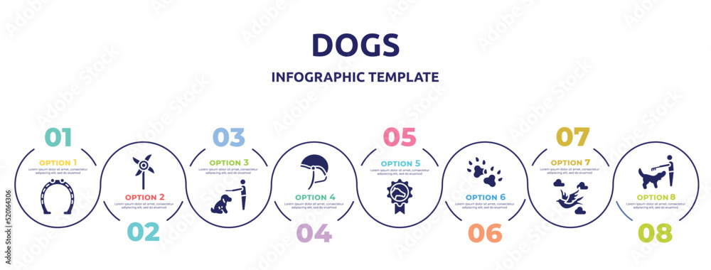 dogs concept infographic design template. included horseshoe tool, pinwheel, dog learning man instructions, jockey hat, horse races badge, dog paw, bird flying between clouds, man combing a dog