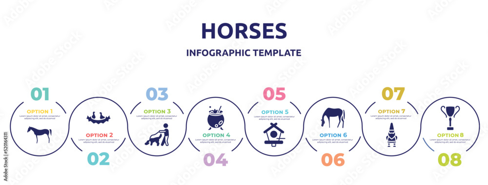 horses concept infographic design template. included horse black side shape, birds in nest, dog and a man, cauldron, birds house, horse grazing, gnome, trophy cup icons and 8 option or steps. horses concept infographic design template. included horse black side shape, birds in nest, dog and a man, cauldron, birds house, horse grazing, gnome, trophy cup icons and 8 option or steps.