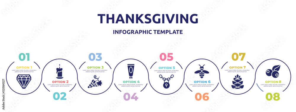 thanksgiving concept infographic design template. included diamonds, candles, grapes, sun lotion, locks, beekeeper, pine cone, berries icons and 8 option or steps. thanksgiving concept infographic design template. included diamonds, candles, grapes, sun lotion, locks, beekeeper, pine cone, berries icons and 8 option or steps.