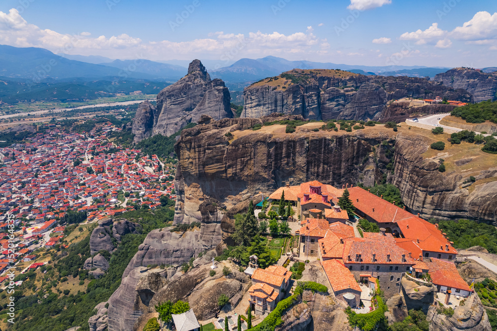 stunning aerial view of the famous monasteries on the tops of stone pillars in Meteora, Greece. High quality photo
