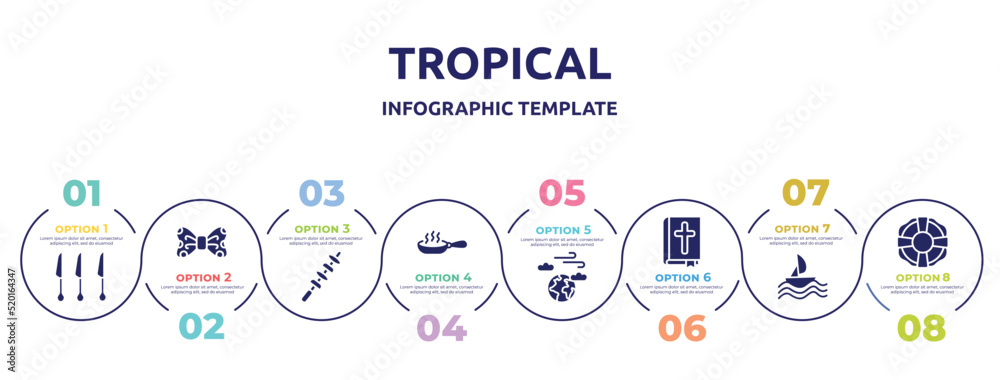 tropical concept infographic design template. included cutlery, bow tie, skewer, pan, atmosphere, bible, sailing, lifesaver icons and 8 option or steps.