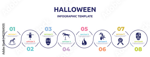 halloween concept infographic design template. included horse rocker black, scarecrow, devil, horse jumping, fire flame, witch, horse race recognition ribbon, zombie icons and 8 option or steps.