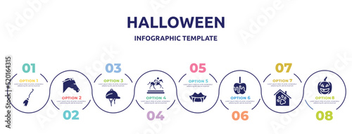 halloween concept infographic design template. included broom, horse head, hat for a jockey, trophy of horses races, fangs, caramelized, pet hotel, lantern icons and 8 option or steps.