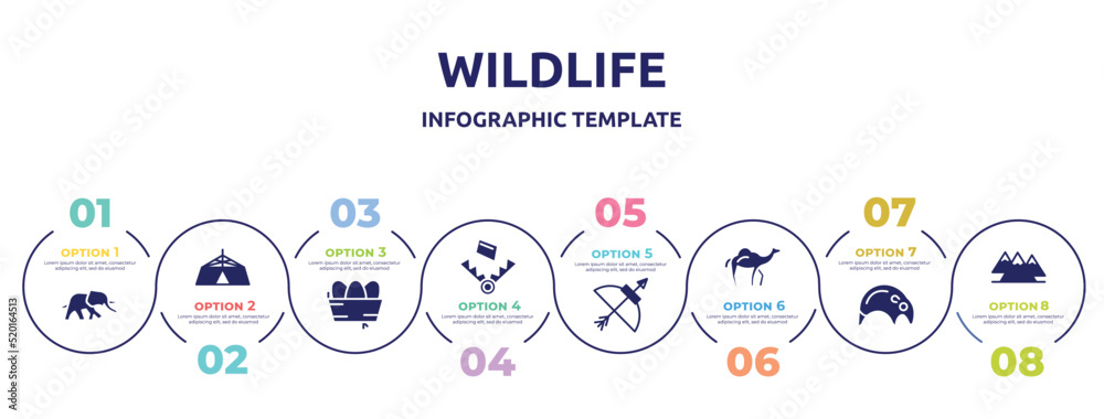 wildlife concept infographic design template. included elephants, jaima tent, nest, trap, bow and arrow, dromedary, tapir, mountains icons and 8 option or steps. wildlife concept infographic design template. included elephants, jaima tent, nest, trap, bow and arrow, dromedary, tapir, mountains icons and 8 option or steps.