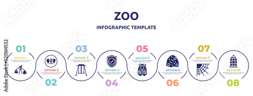 zoo concept infographic design template. included harebell, branches, swing, guard, vest, anthill, cobweb, cage icons and 8 option or steps.