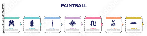 paintball concept infographic design template. included first prize, sport wear, fitness watch, crank, earthworm, second place, goggle icons and 7 option or steps.