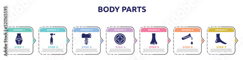 body parts concept infographic design template. included female hips and waist, dentists drill tool, dentist tooth with metallic root, hospital medical, e, test tube, flask and drop of blood, foot