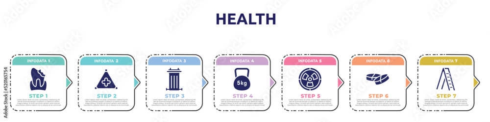 Fototapeta premium health concept infographic design template. included decay, warning triangular, recycle bin container, weights, radioactive danger, medicine tablets, mechanical ladder icons and 7 option or steps.