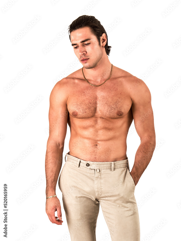 Fototapeta premium Three quarters shot of handsome shirtless athletic young man