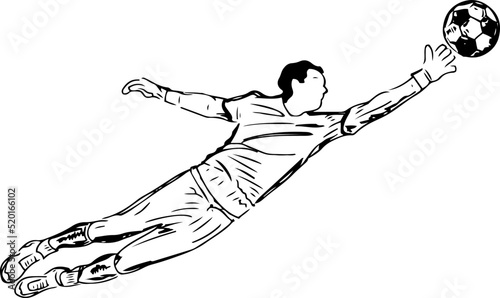 Football Vector, Soccer Illustration, Goalkeeper Sketch drawing, Line art illustration of Goalkeeper diving and stoping ball, Silhouette of golkeeper in soccer match photo