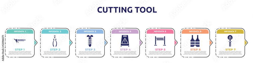 cutting tool concept infographic design template. included sealant, nippers, bolts, wet floor, road panel, reflective vest, knife for pizza icons and 7 option or steps. cutting tool concept infographic design template. included sealant, nippers, bolts, wet floor, road panel, reflective vest, knife for pizza icons and 7 option or steps.