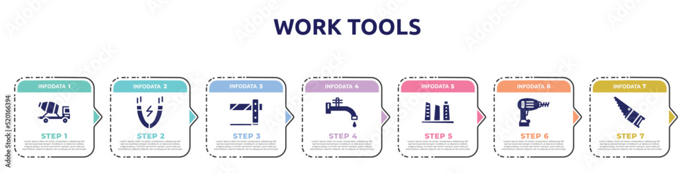 work tools concept infographic design template. included concrete truck, inc, road barrier, stopcock, building hand drawn tower, drill, band saw icons and 7 option or steps.