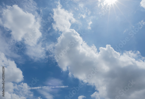 Blue sky white cloud. Outdoor cloudscape beautiful aerial view clear space day nature scenic background. Bright skyline high air fluffy environment. Horizontal sunlight scenery wallpaper background.