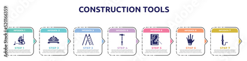 construction tools concept infographic design template. included bulldozing, torch helmet, ladder open, hammer facinf left, window cleaner, left glove, solder icons and 7 option or steps.