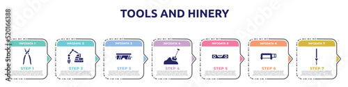 tools and hinery concept infographic design template. included open pliers, trucking, protection glasses, sand, level gauge, hacksaw with handle, knife file icons and 7 option or steps.