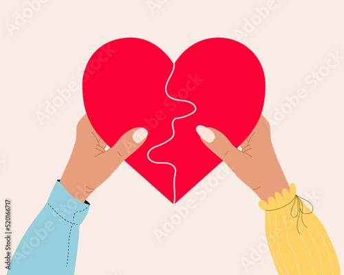 Man and woman insert small pieces of puzle into heart shaped puzzle. Concept of understanding. Young couple builds their realtionships. Concept. Vector flat cartoon illustration. Valentines day poster