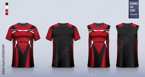 Black T-shirt sport, Soccer jersey, football kit, basketball uniform, tank top, and running singlet mockup. Fabric pattern design. Vector.