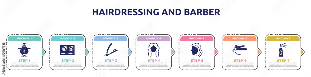 hairdressing and barber concept infographic design template. included samovar, hair color sample, razor hair salon tool, woman hair cut, woman head side view, straighter and curler, hairspray icons