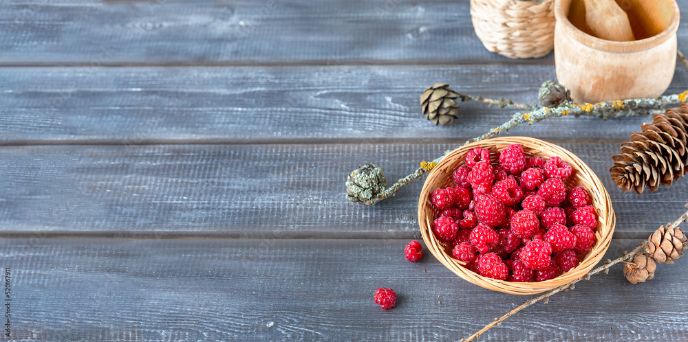 Fresh forest raspberries in a wicker basket for making jam with cones and branches on a dark wooden table