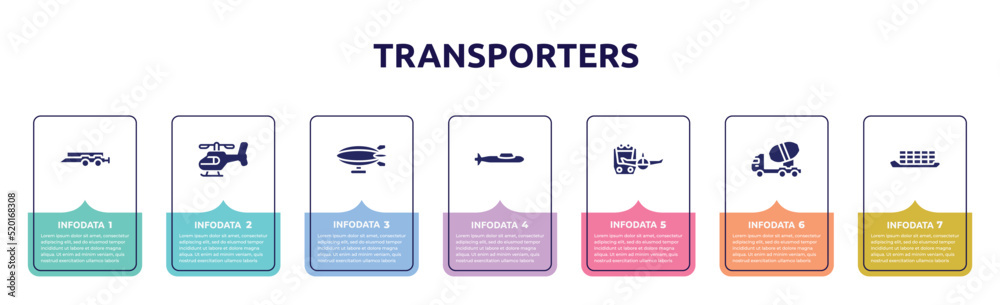 transporters concept infographic design template. included car trailer, helicopter side view, airship side view, submarine side view, miscellaneous, concrete mixer truck container ship icons and 7