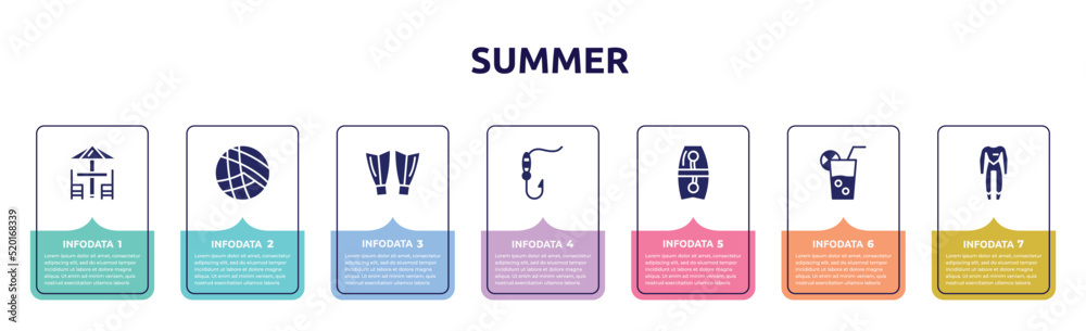 summer concept infographic design template. included terrace, beach volleyball, diving fins, fish and hook, bodyboard, lime juice, wetsuit icons and 7 option or steps.