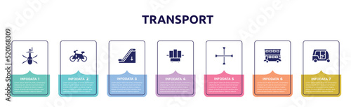 transport concept infographic design template. included military helicopter bottom view, electric bike, or down, x-ray, cross wrench, double decker bus, tuc tuc icons and 7 option or steps.