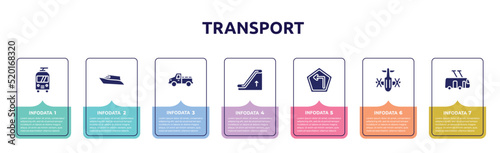 transport concept infographic design template. included trolley bus, speed boat, pickup car, or up, left turn, army helicopter bottom view, trolleybus icons and 7 option or steps.