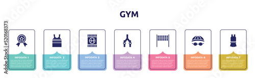 gym concept infographic design template. included first prize, tanktop, blue card, bicycle fork, volleyball net, swimming hat, sport wear icons and 7 option or steps.