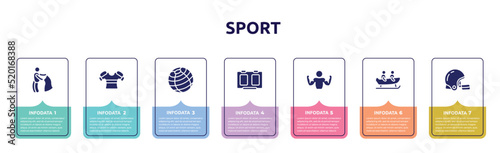 sport concept infographic design template. included bullfight, armour, fitness ball, score board, bodybuilder, bobsledding, rugby helmet icons and 7 option or steps.