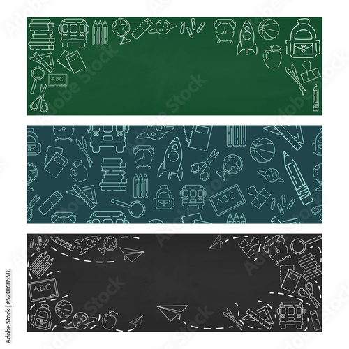Back to school icons set. Green or blackboard background. School, office supplies. Doodle icons and chalk inscription. Simple design. Banner, poster template. Flat style vector illustration
