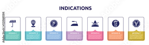 indications concept infographic design template. included rain umbrella, tracking, p inside a circle, iron low, do not bleach, fire estinguisher, restaurant icons and 7 option or steps.