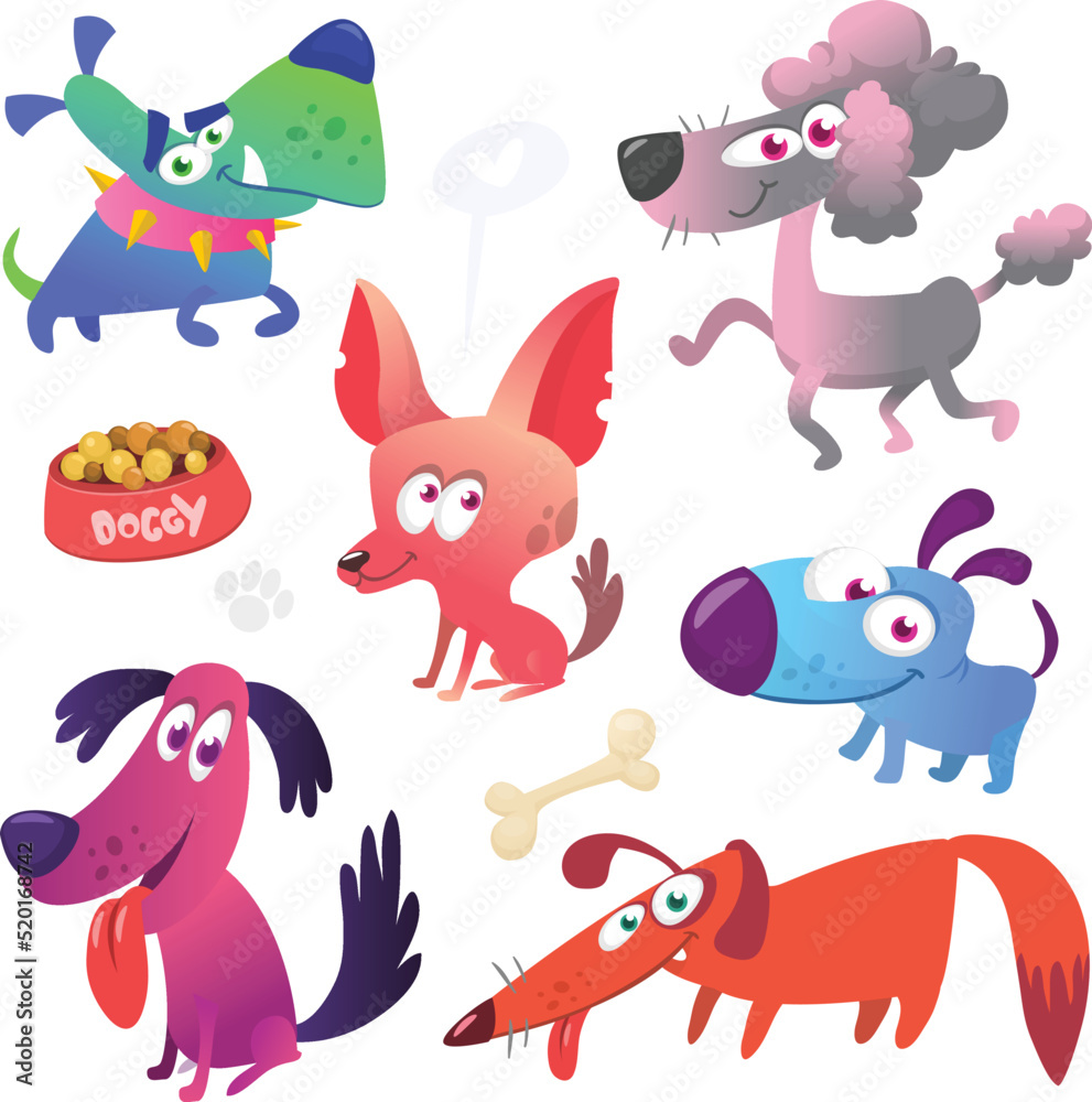 Cartoon dogs set. Bulldog poodle chihuahua dachshund jack russel terrier corgi and doberman. Vector illustration Cartoon dogs set. Bulldog poodle chihuahua dachshund jack russel terrier corgi and doberman. Vector illustration