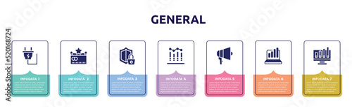general concept infographic design template. included electric plug, credit rating, e-privacy, business performance, agitation, info chart, ar graph icons and 7 option or steps.