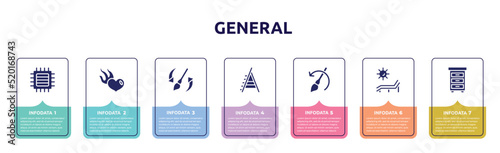 general concept infographic design template. included patch crop, heart in flames, history brush, stepladder, brush history, deck chair under the sun, office cabinet icons and 7 option or steps.