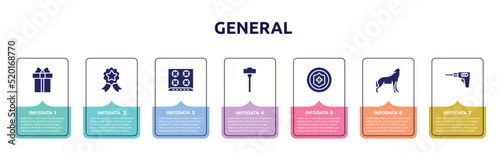 general concept infographic design template. included gift box with ribbon, winning, hob, sledgehammer, insurance with a button, wolf howling, perforator icons and 7 option or steps.