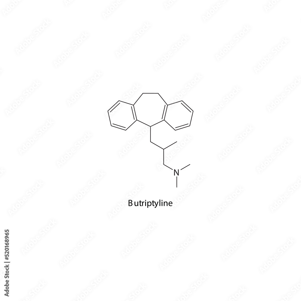 Butriptyline molecule flat skeletal structure, TCA - Tricyclic antidepressant class drug used in depression treatment. Vector illustration on white background. Butriptyline molecule flat skeletal structure, TCA - Tricyclic antidepressant class drug used in depression treatment. Vector illustration on white background.