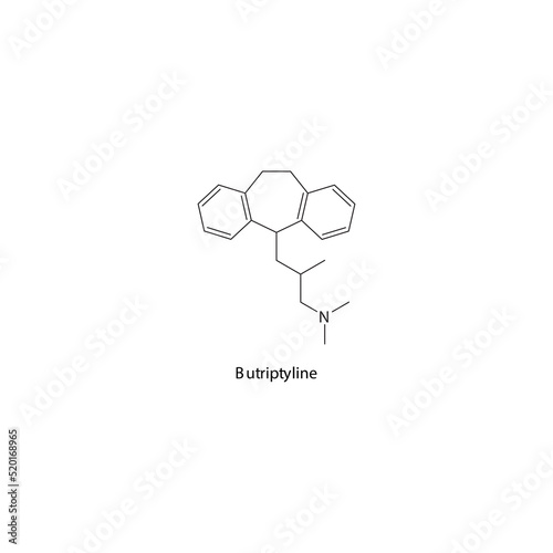 Butriptyline molecule flat skeletal structure, TCA - Tricyclic antidepressant class drug used in depression treatment. Vector illustration on white background.