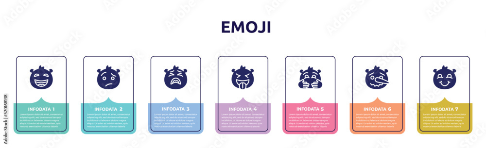 emoji concept infographic design template. included laughing emoji, confused emoji, tired tongue hugging lying blushing icons and 7 option or steps.