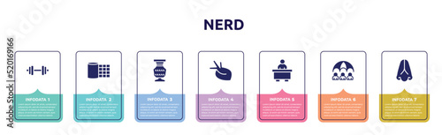 nerd concept infographic design template. included dumbell, gauze, antique, organ, librarian, life insurance, body part icons and 7 option or steps.