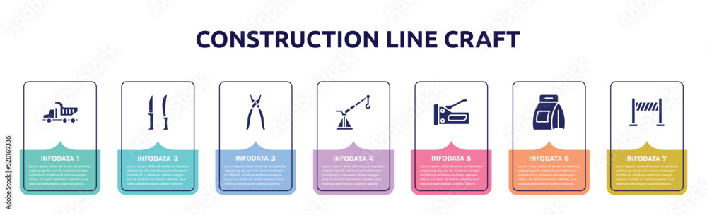 construction line craft concept infographic design template. included tipper truck, knives, open pliers, davit, big stapler, washing powder, road panel icons and 7 option or steps.