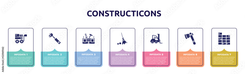 constructicons concept infographic design template. included trolley with cargo, tool diagonal, toolbox, sweeping broom, loader facing left, inc, constructing a brick wall icons and 7 option or constructicons concept infographic design template. included trolley with cargo, tool diagonal, toolbox, sweeping broom, loader facing left, inc, constructing a brick wall icons and 7 option or
