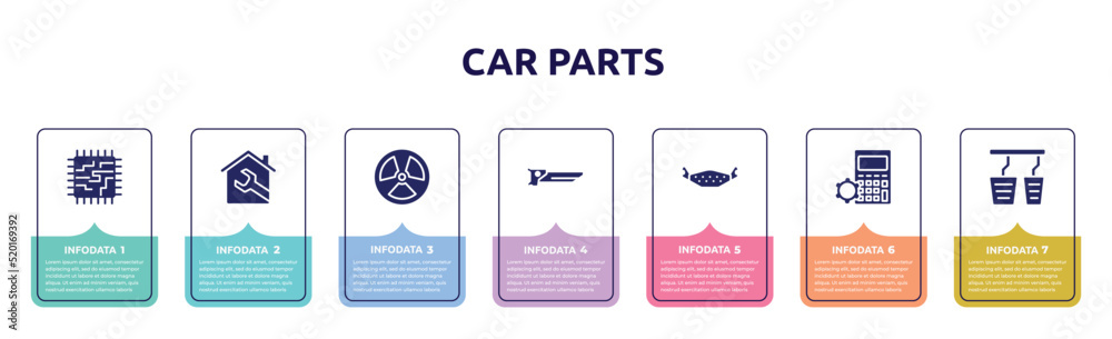 car parts concept infographic design template. included motherboard, house, radiation, carpenter saw, brake pad, mathematics, accelerator icons and 7 option or steps.