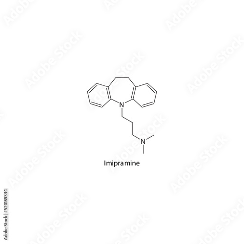 Imipramine molecule flat skeletal structure, TCA - Tricyclic antidepressant class drug used in depression treatment. Vector illustration on white background.