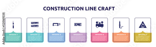 construction line craft concept infographic design template. included leather cutter, boards, hacksaw with handle, protection glasses, air compressor, solder, inflamable icons and 7 option or steps.