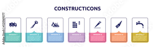 constructicons concept infographic design template. included fuel truck, screw hand drawn tool, excavator hine arm, tiles detail of construction, wood saw, saw hand drawn tool, stopcock icons and 7