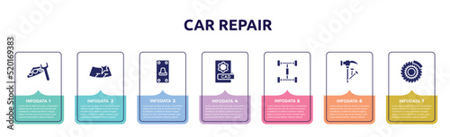 car repair concept infographic design template. included headlight, windshield, switch on, cad, chassis, hammer and nail, brake disc icons and 7 option or steps.