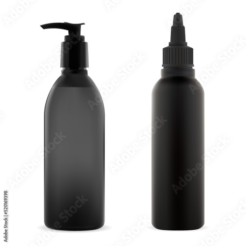 Hair cosmetic bottle mockup. Dye color spray tube. Pump dispenser bottle for professional cosmetic branding. Black plastic professional styling beauty products. Cream, foam or gel paint container