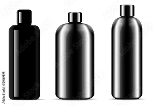 Black plastic shampoo bottle. Cosmetic package vector mockup. Cylinder bottle template for hair lotion or bath gel. Realistic bathroom cosmetic, shiny illustration for merchandise