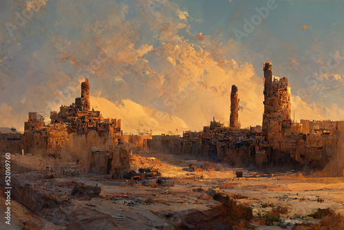 Foto ancient city ruins in desert at sunset, abstract digital landscape