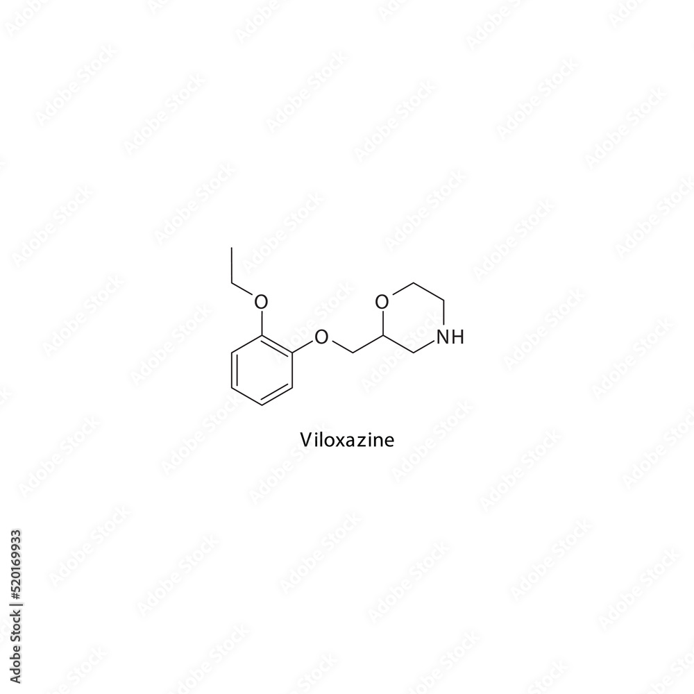 Viloxazine molecule flat skeletal structure, Selective NRI - Selective norepinephrine reuptake inhibitor class drug used in ADHD treatment. Vector illustration on white background. Viloxazine molecule flat skeletal structure, Selective NRI - Selective norepinephrine reuptake inhibitor class drug used in ADHD treatment. Vector illustration on white background.